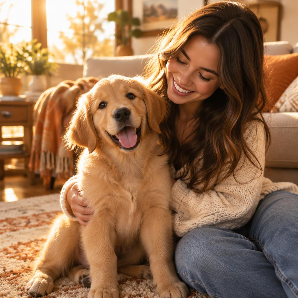 A happy person with their golden retriever puppy at home