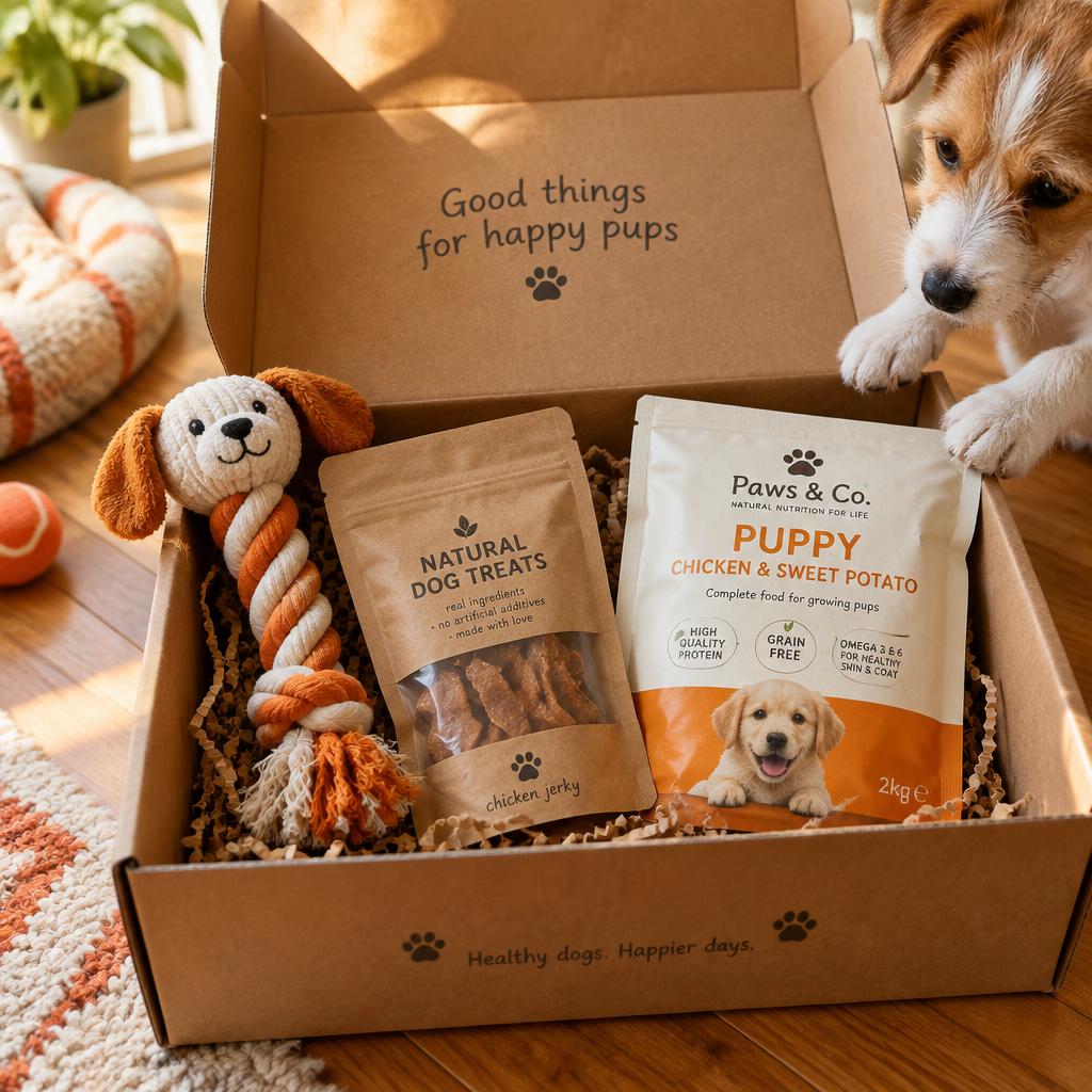 A delivery box with a dog toy, treats, and food picks inside
